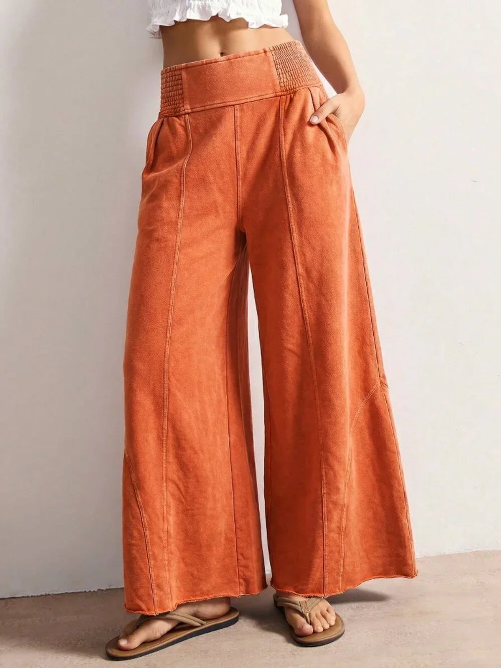 Orange Casual Women's Boho Knit Loose Wide Leg Washed Long Pants